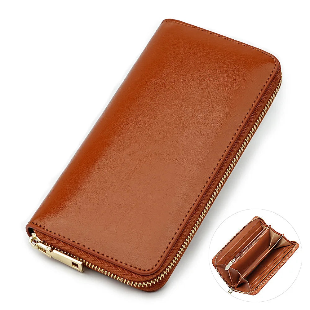 Portefeuille long femme en cuir véritable huilé avec zip et grande capacité élégante — photo 16
