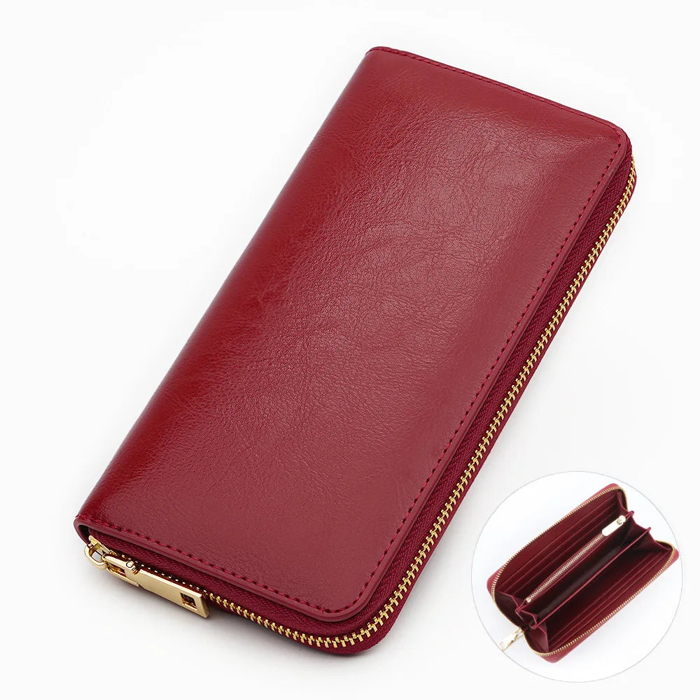Portefeuille long femme en cuir véritable huilé avec zip et grande capacité élégante — photo 17