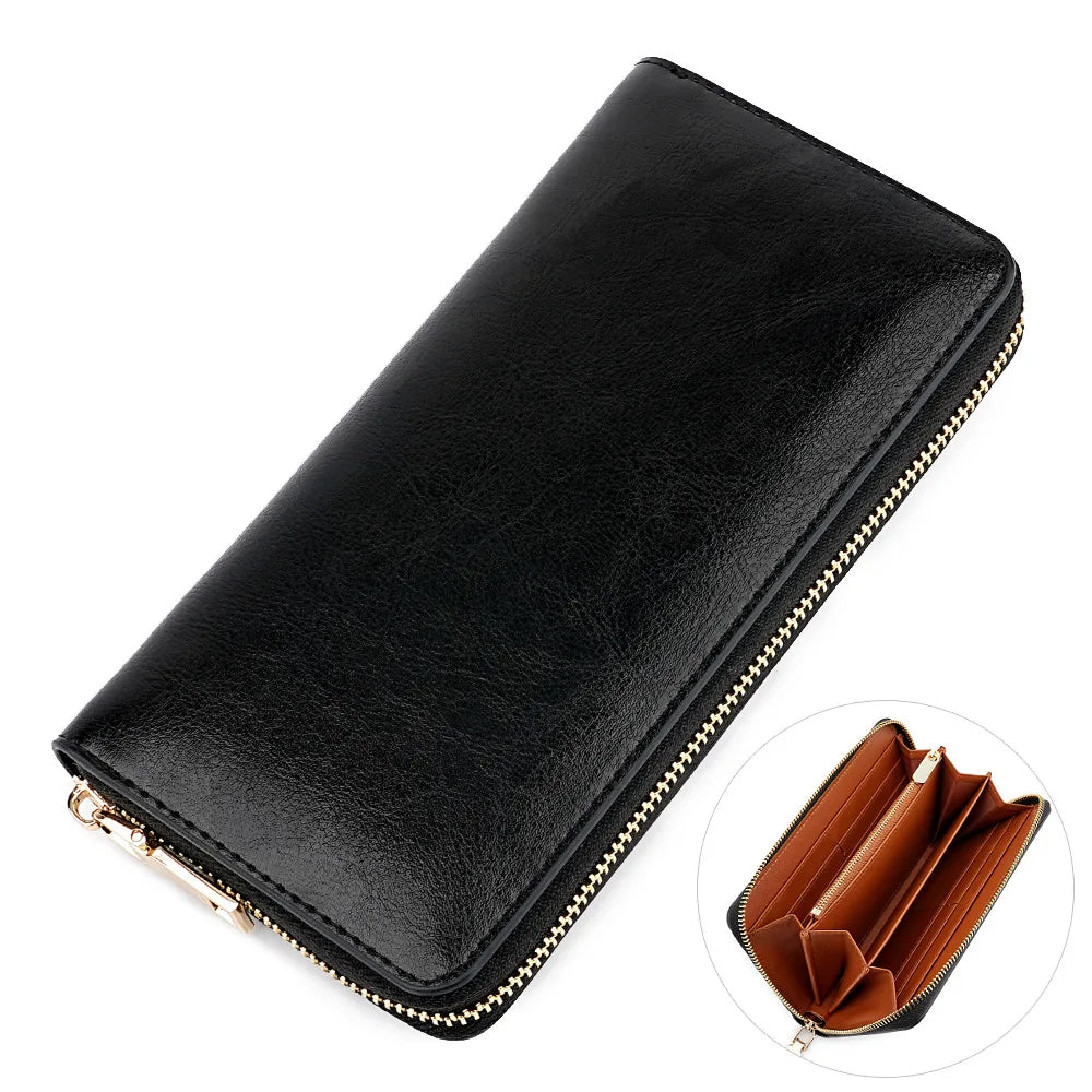 Portefeuille long femme en cuir véritable huilé avec zip et grande capacité élégante — photo 18