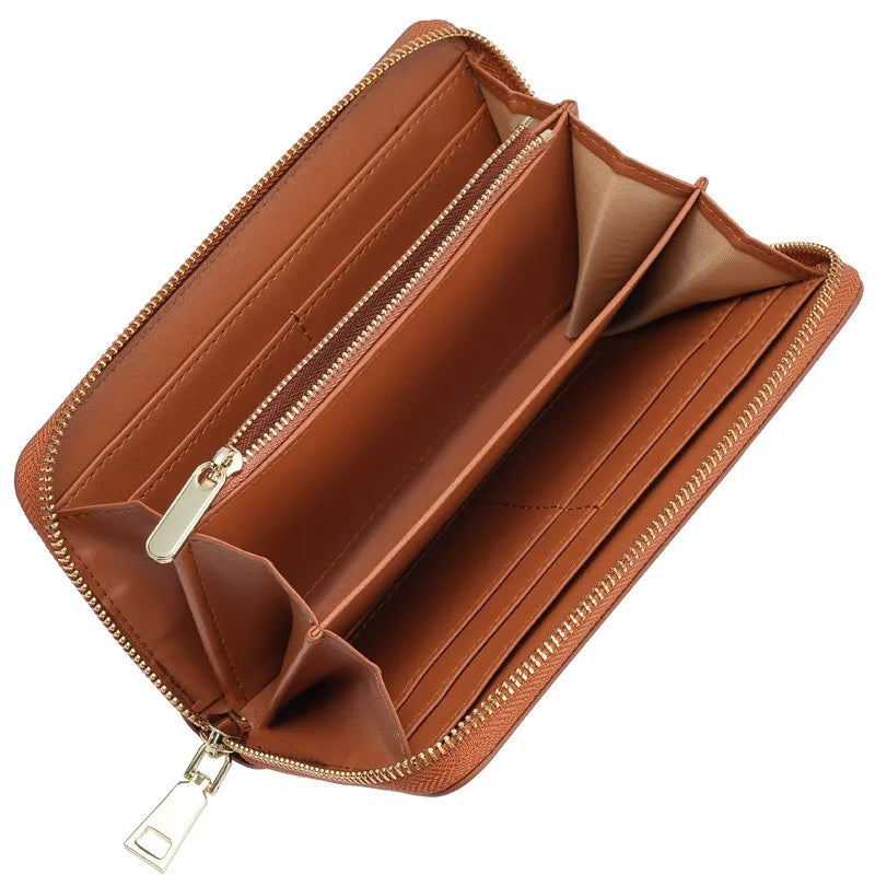 Portefeuille long femme en cuir véritable huilé avec zip et grande capacité élégante — photo 2