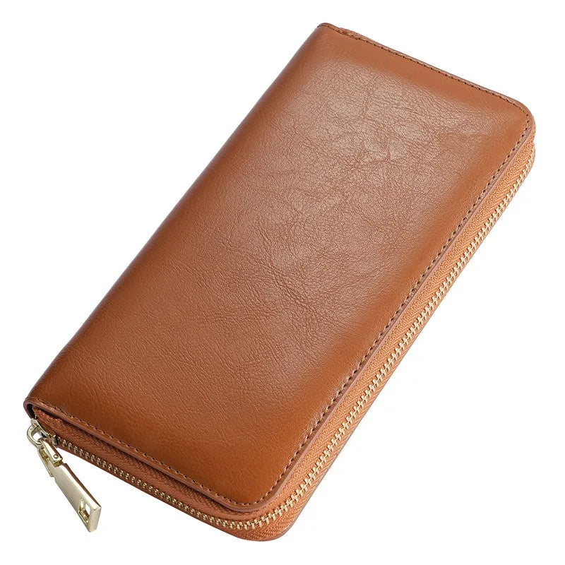 Portefeuille long femme en cuir véritable huilé avec zip et grande capacité élégante — photo 4