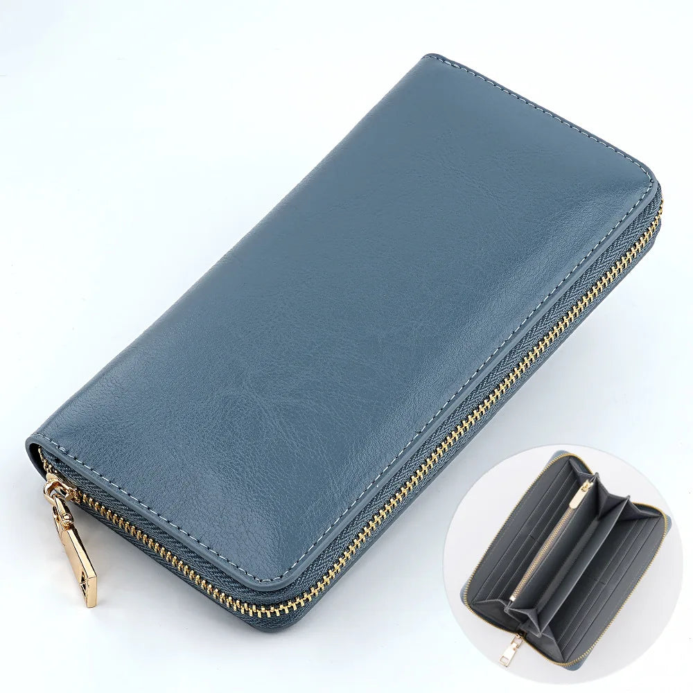 Portefeuille long femme en cuir véritable huilé avec zip et grande capacité élégante — photo 6