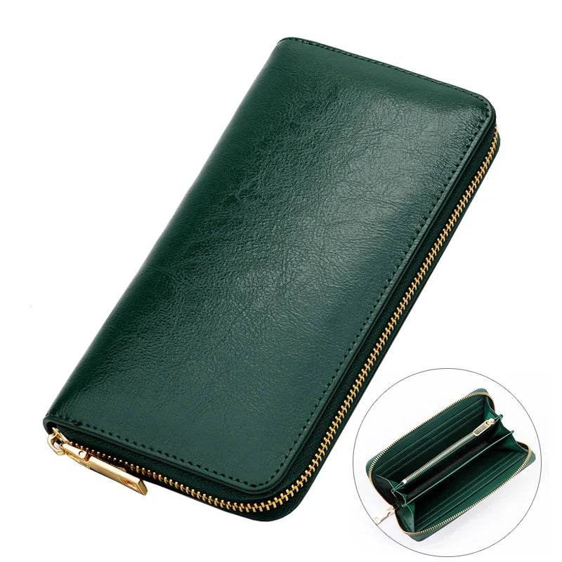 Portefeuille long femme en cuir véritable huilé avec zip et grande capacité élégante — photo 7