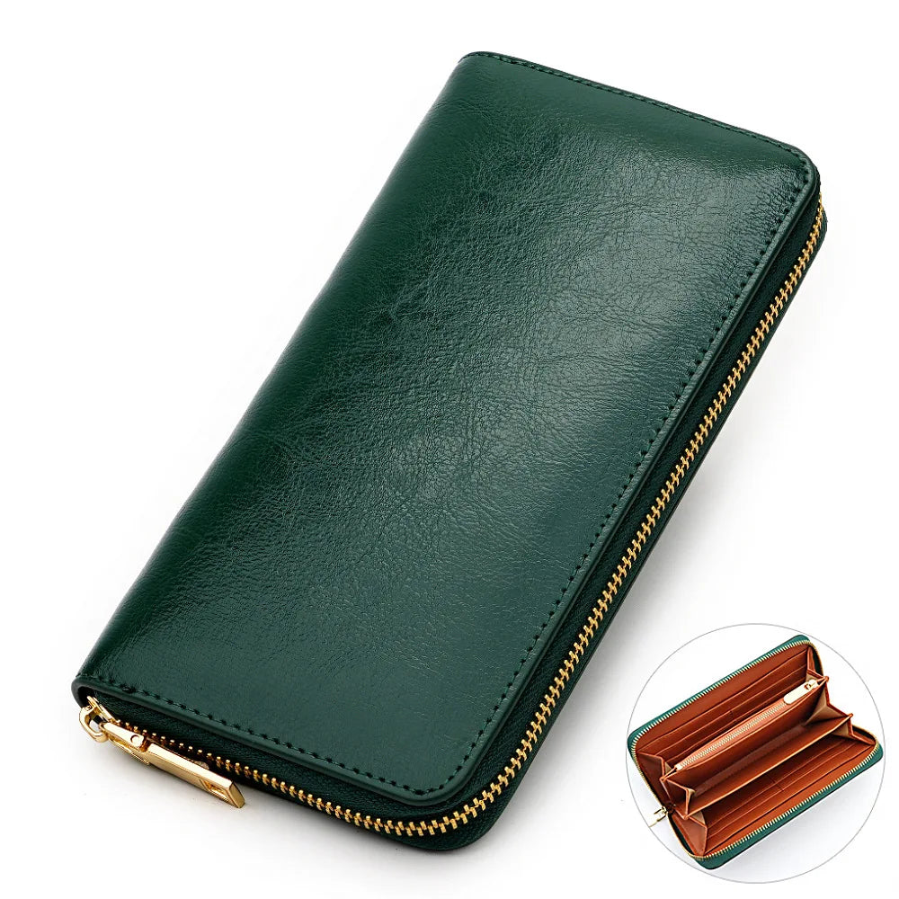 Portefeuille long femme en cuir véritable huilé avec zip et grande capacité élégante — photo 8
