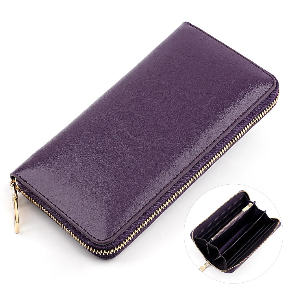 Portefeuille long femme en cuir véritable huilé avec zip et grande capacité élégante — photo 9