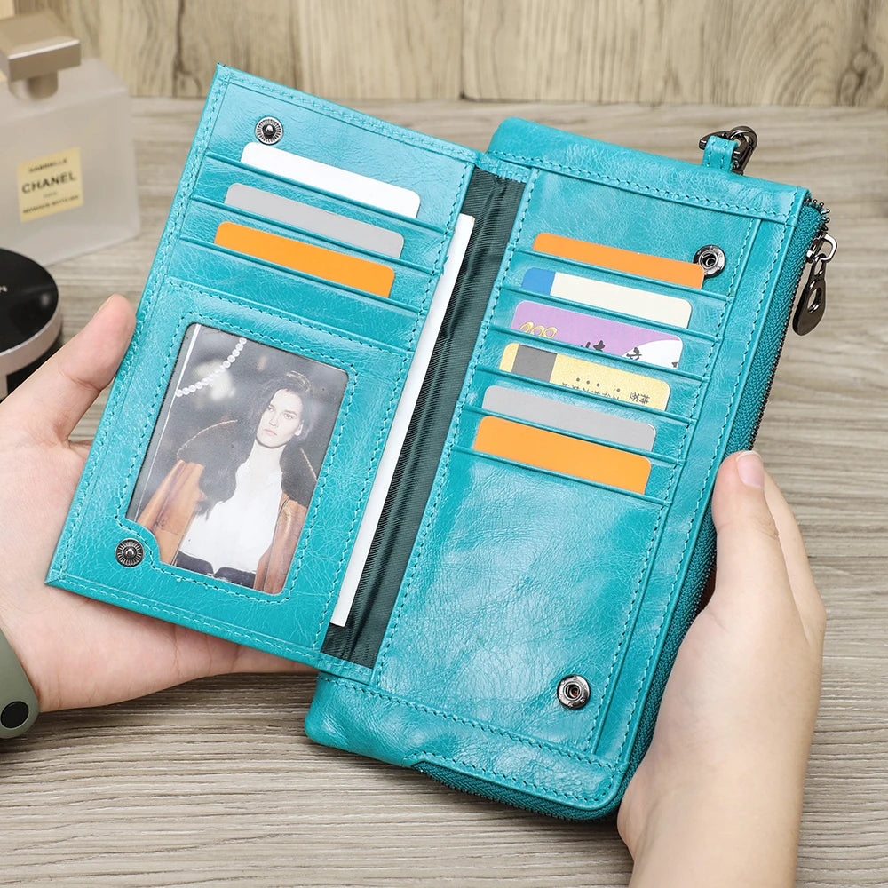 Portefeuille long en cuir véritable avec compartiment téléphone et dragonne — photo 1
