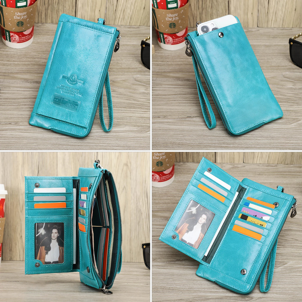 Portefeuille long en cuir véritable avec compartiment téléphone et dragonne — photo 4