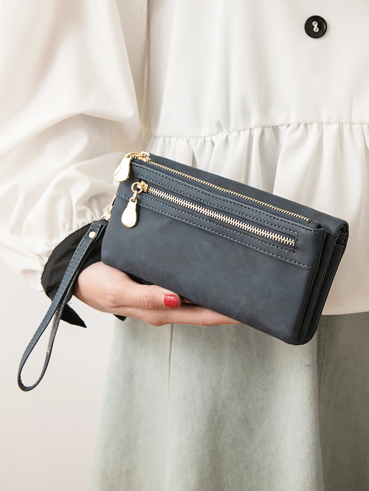 Portefeuille long rétro à double fermeture éclair pour femme en cuir PU — photo 1