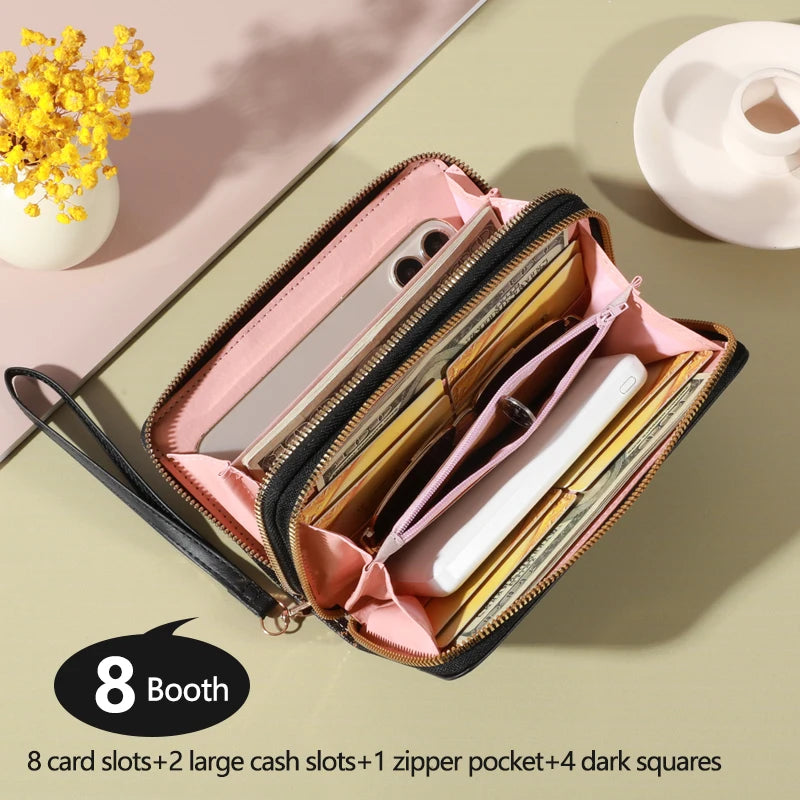 Portefeuille long femme double zip grande capacité avec dragonne et porte-cartes élégant — photo 2