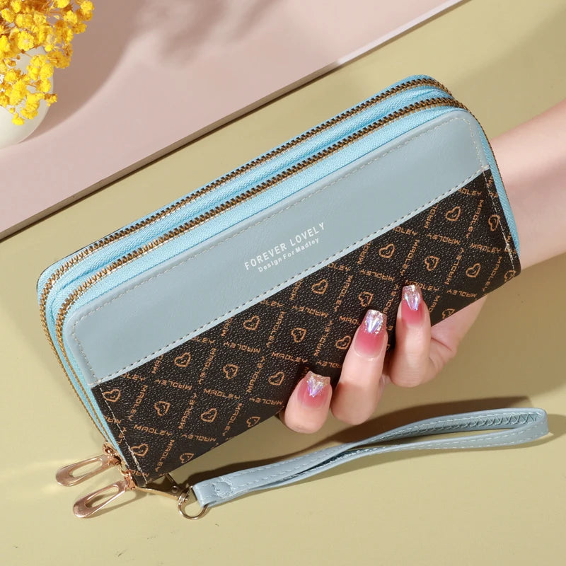 Portefeuille long femme double zip grande capacité avec dragonne et porte-cartes élégant — photo 5 Image