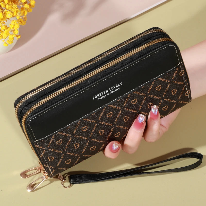 Portefeuille long femme double zip grande capacité avec dragonne et porte-cartes élégant — photo 7 Image