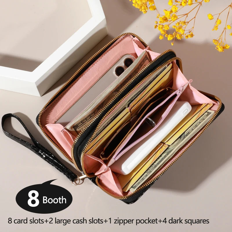 Portefeuille long femme double zip en cuir PU avec dragonne et grande capacité élégante — photo 2