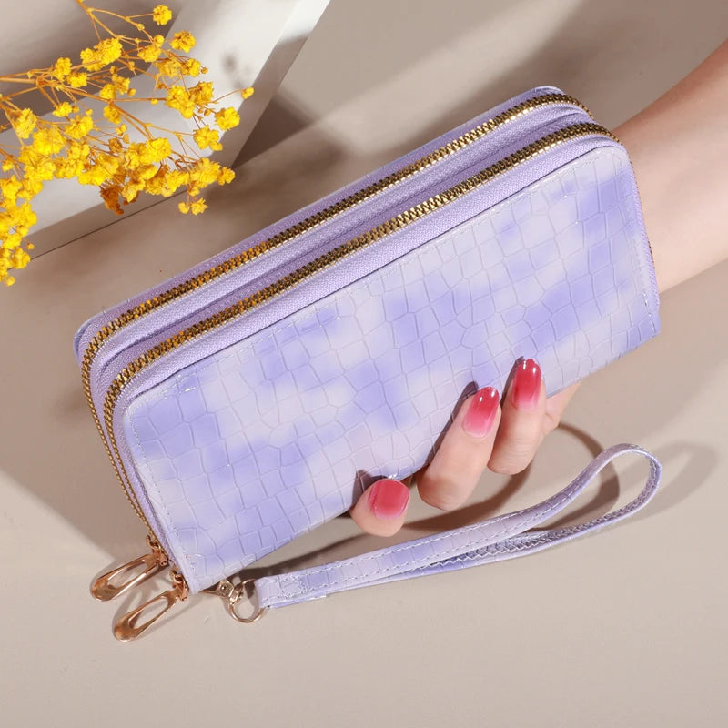 Portefeuille long femme double zip en cuir PU avec dragonne et grande capacité élégante — photo 3