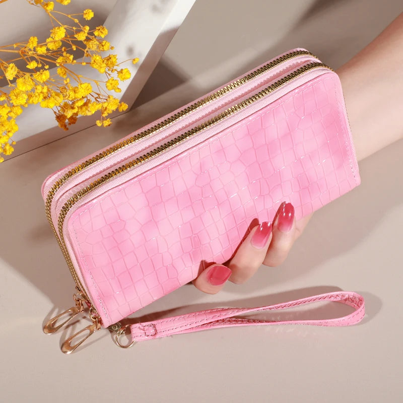 Portefeuille long femme double zip en cuir PU avec dragonne et grande capacité élégante — photo 4