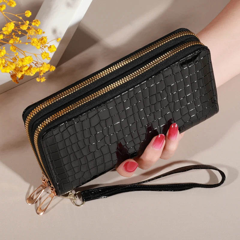 Portefeuille long femme double zip en cuir PU avec dragonne et grande capacité élégante — photo 5