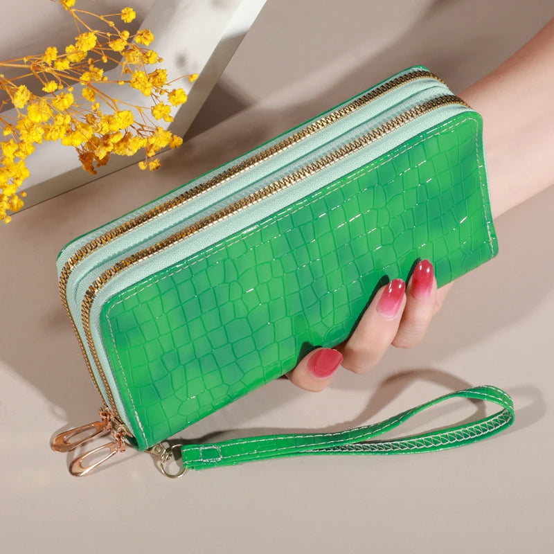Portefeuille long femme double zip en cuir PU avec dragonne et grande capacité élégante — photo 6