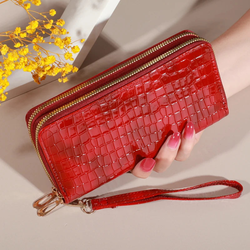 Portefeuille long femme double zip en cuir PU avec dragonne et grande capacité élégante — photo 7