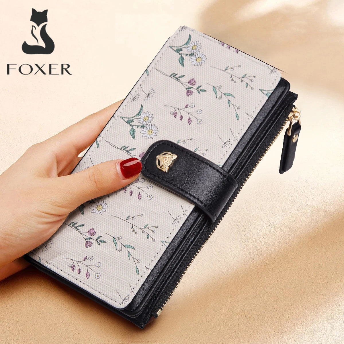 Portefeuille long femme floral en cuir PU avec zip et rabat grande capacité élégant — photo 1