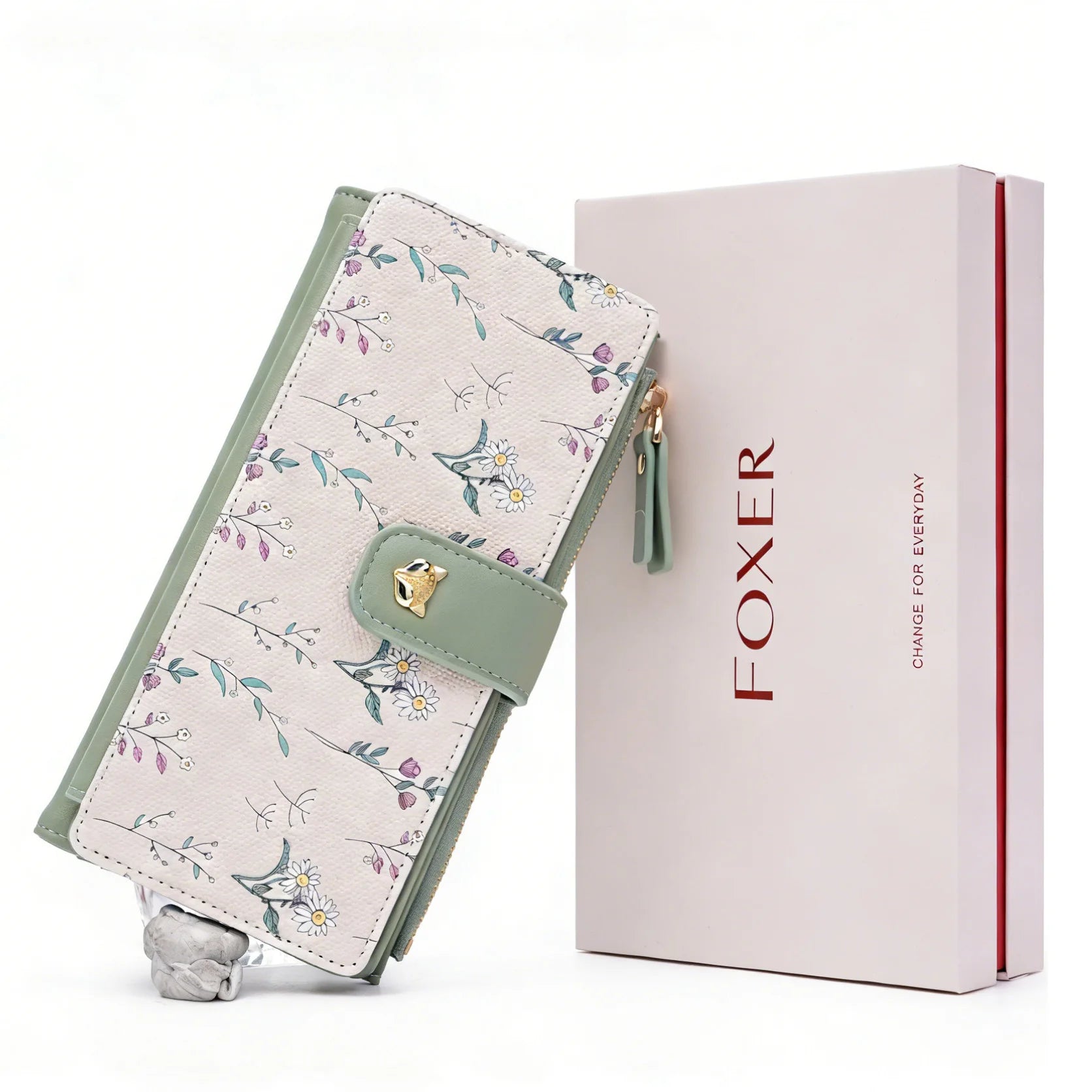 Portefeuille long femme floral en cuir PU avec zip et rabat grande capacité élégant — photo 3 Image