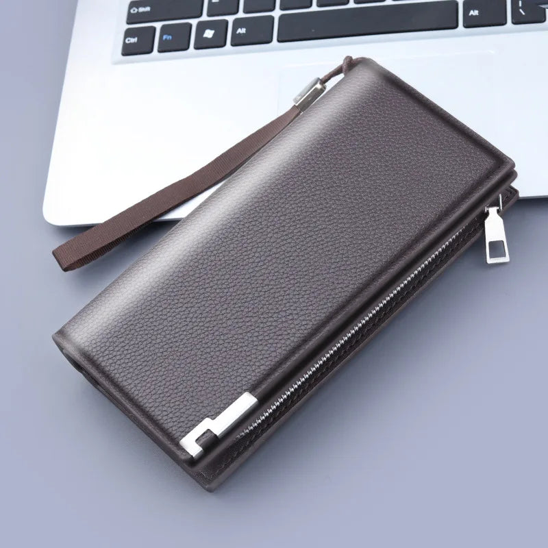 Portefeuille long homme en cuir PU avec zip, dragonne et compartiment téléphone grande capacité — photo 1
