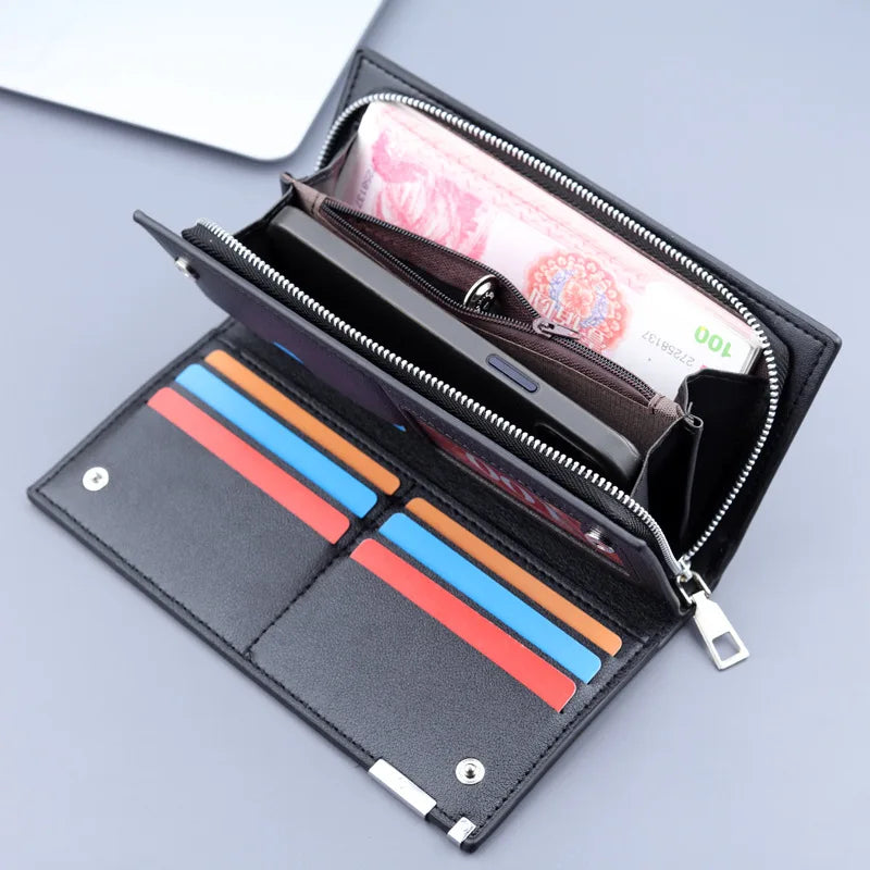 Portefeuille long homme en cuir PU avec zip, dragonne et compartiment téléphone grande capacité — photo 2