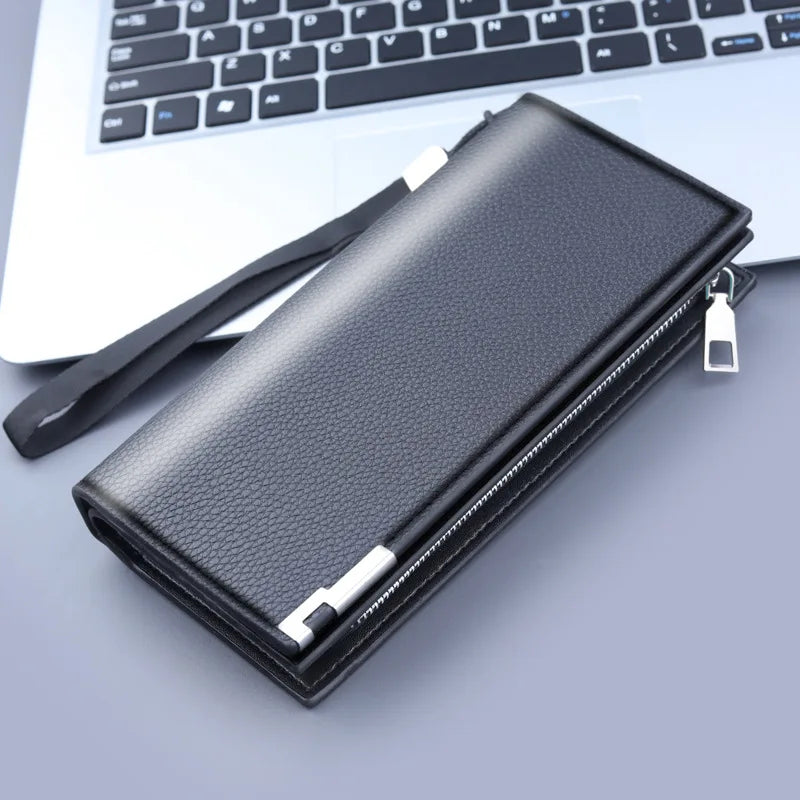 Portefeuille long homme en cuir PU avec zip, dragonne et compartiment téléphone grande capacité — photo 3