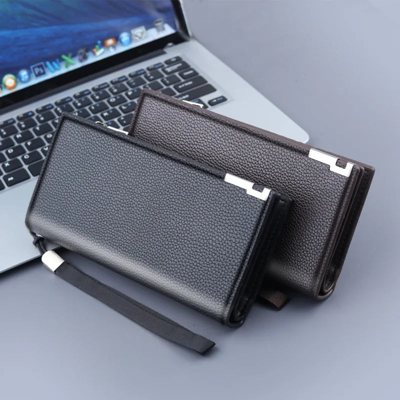Portefeuille long homme en cuir PU avec zip, dragonne et compartiment téléphone grande capacité — photo 4