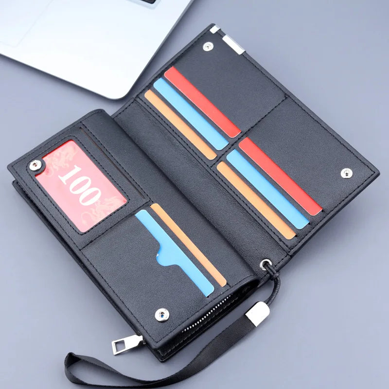 Portefeuille long homme en cuir PU avec zip, dragonne et compartiment téléphone grande capacité — photo 5 Image