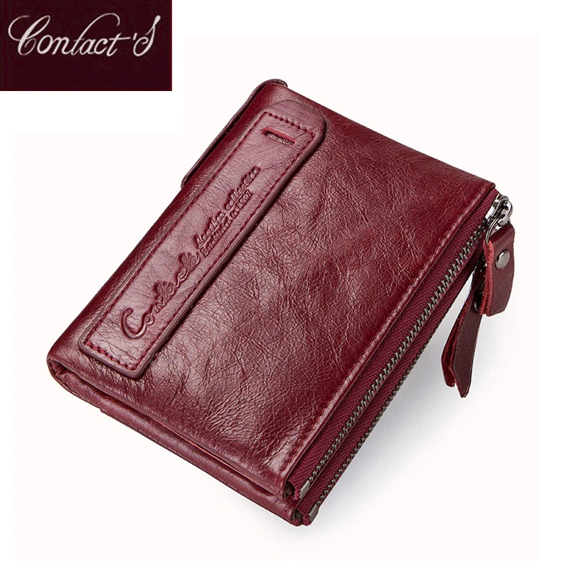 Portefeuille mixte en cuir de vachette, double poche zippée