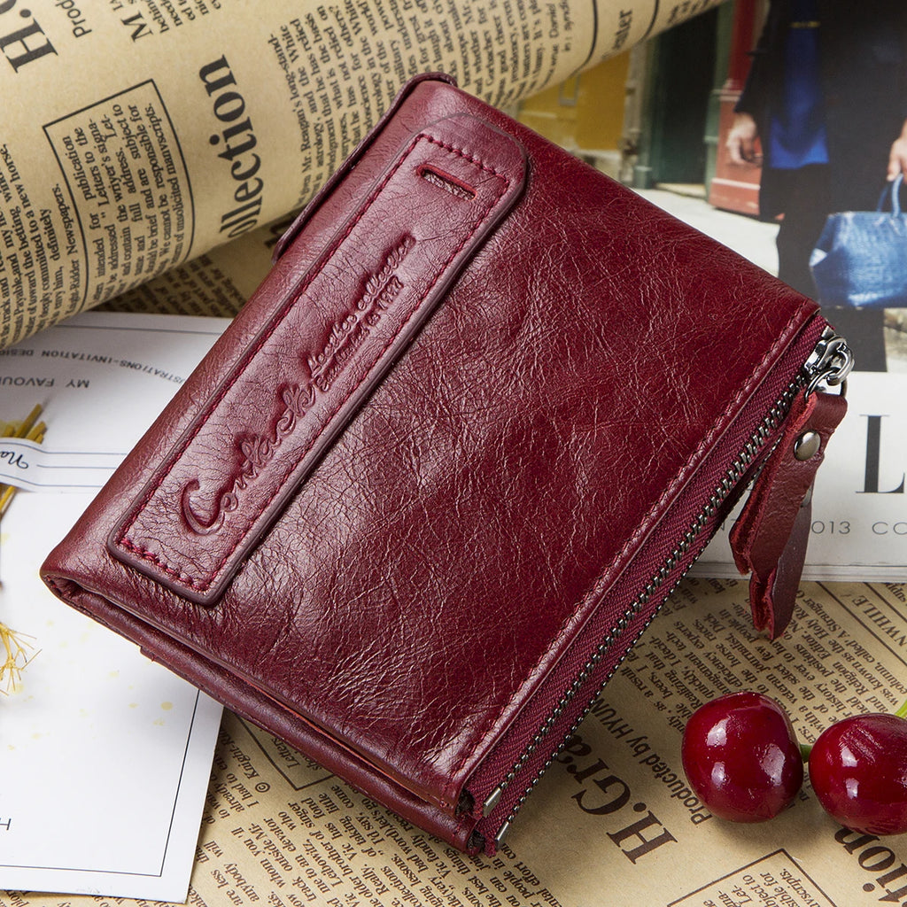 Portefeuille mixte en cuir de vachette, double poche zippée