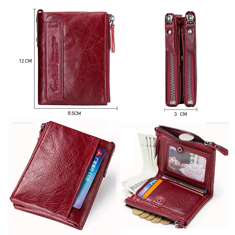 Portefeuille mixte en cuir de vachette, double poche zippée