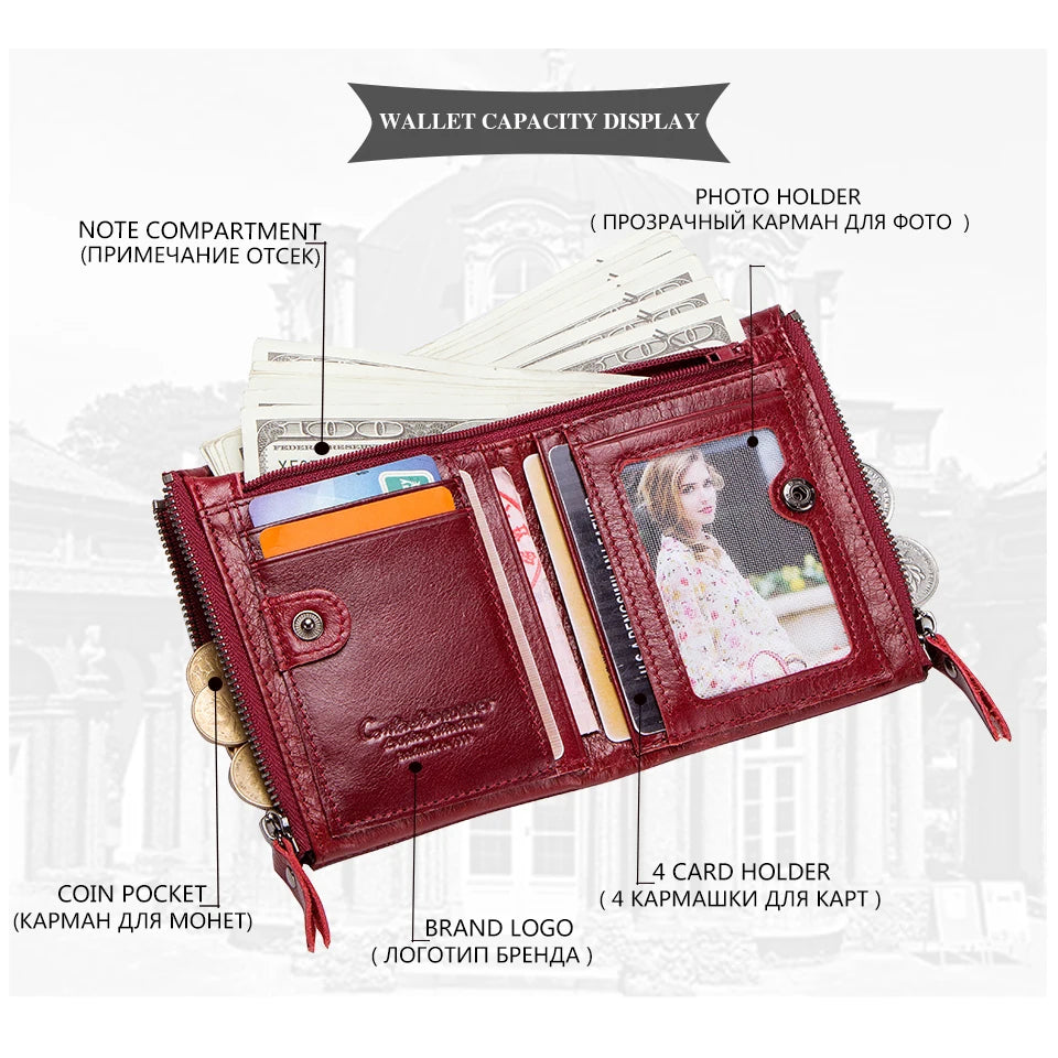 Portefeuille mixte en cuir de vachette, double poche zippée