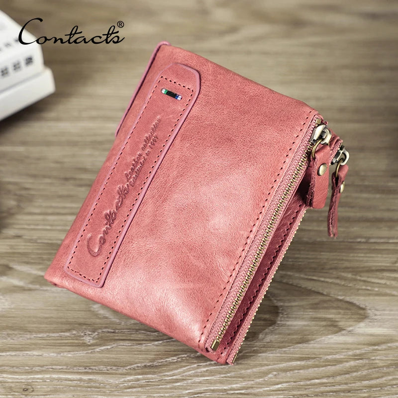 Portefeuille mixte en cuir de vachette, double poche zippée