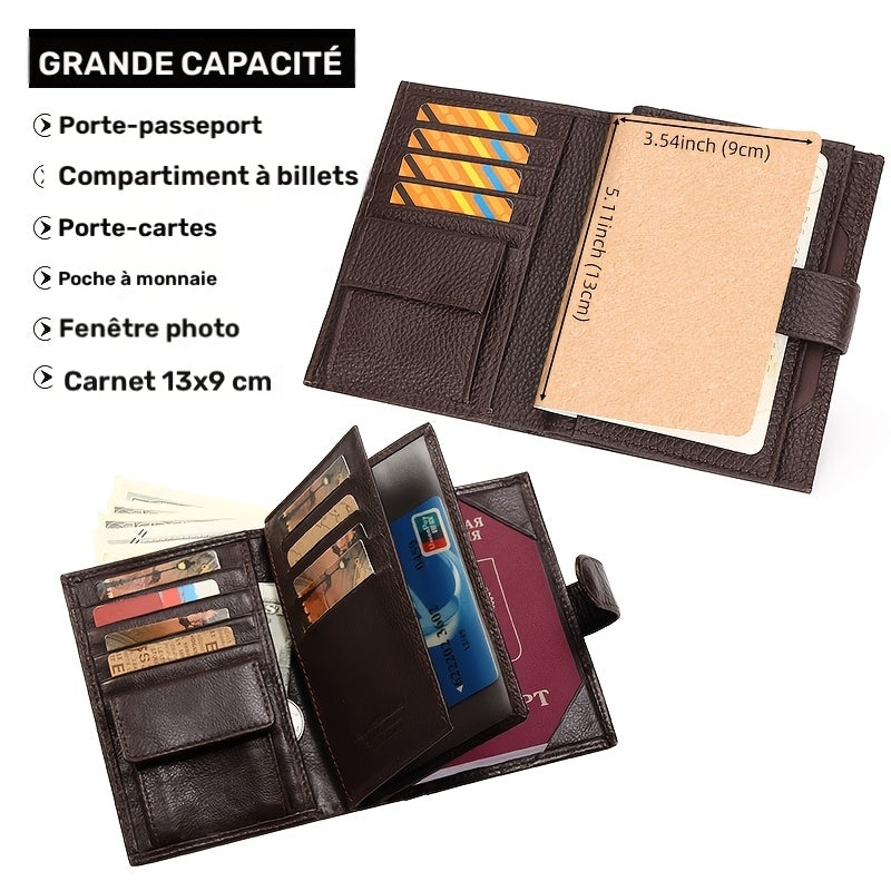 Portefeuille porte-passeport en cuir, 12 fentes et carnet
