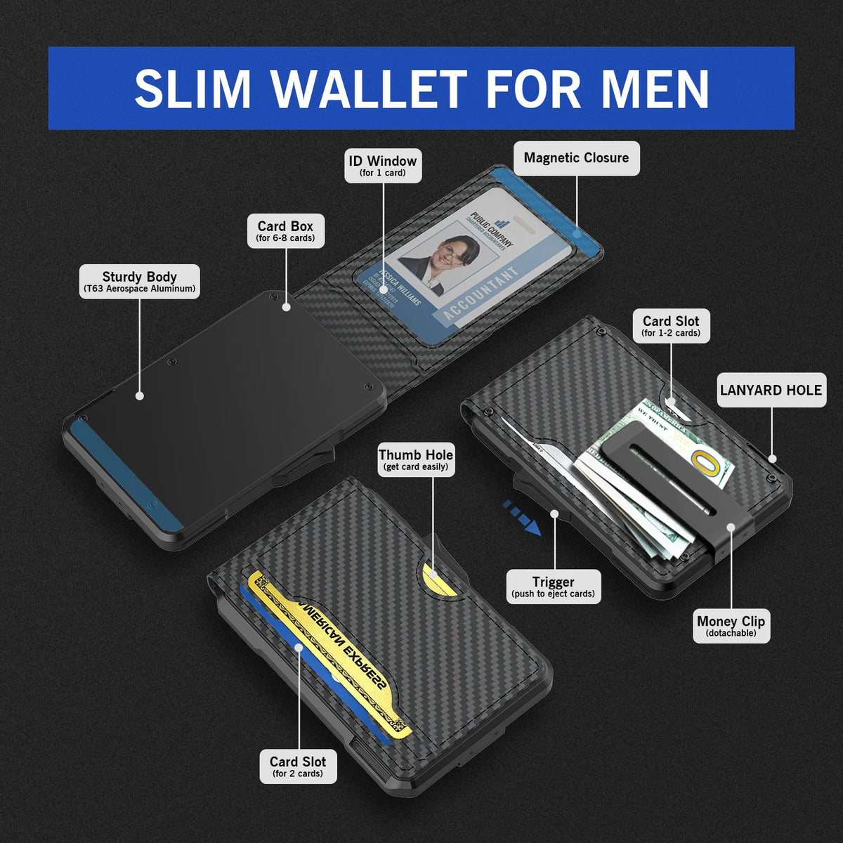 Portefeuille RFID aluminium homme avec pop-up et pince à billets design ultra fin — photo 3