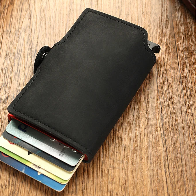 Portefeuille RFID en cuir refendu et aluminium slim avec porte-cartes sécurisé compact — photo 6 Image