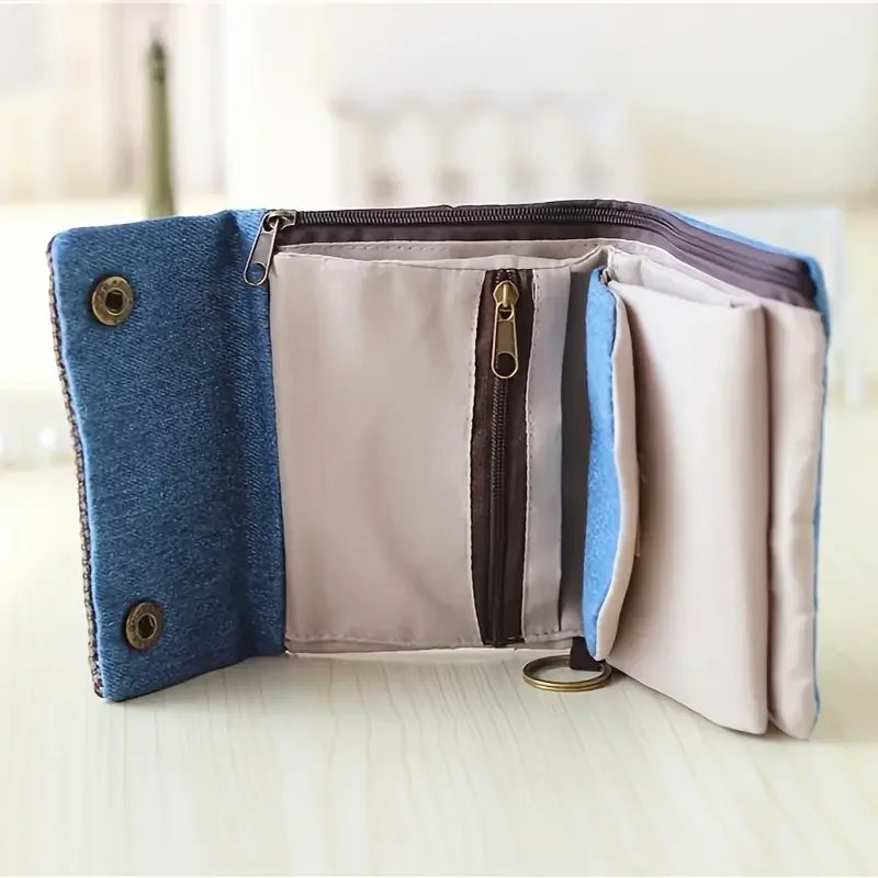 Portefeuille tissu pliable unisexe en toile bicolore avec bouton pression et porte-clés — photo 2