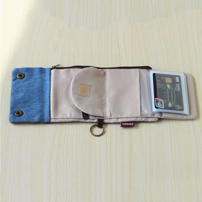 Portefeuille tissu pliable unisexe en toile bicolore avec bouton pression et porte-clés — photo 6