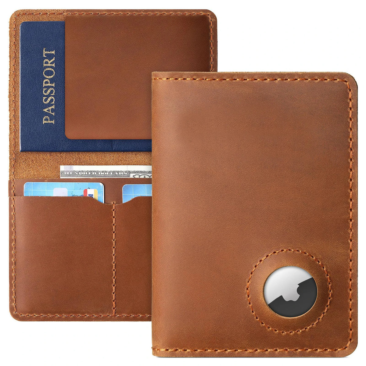 Protège-passeport en cuir véritable avec fente Airtag et blocage RFID — photo 1
