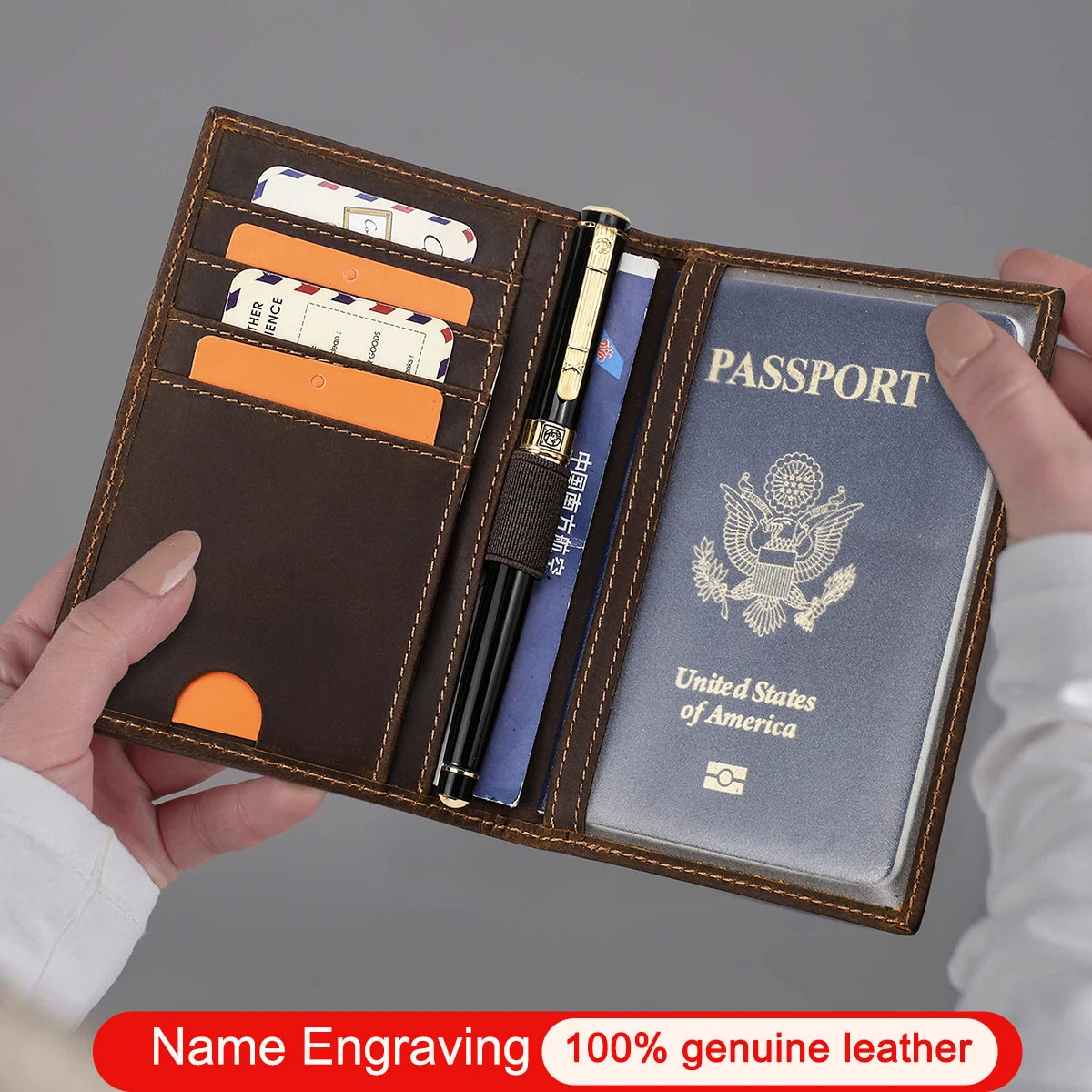 Protège-passeport en cuir véritable pour homme avec fente pour stylo — photo 3