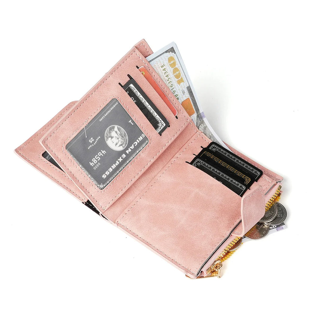 Portefeuille femme compact vintage en cuir PU nubuck avec zip et bouton pression — photo 2