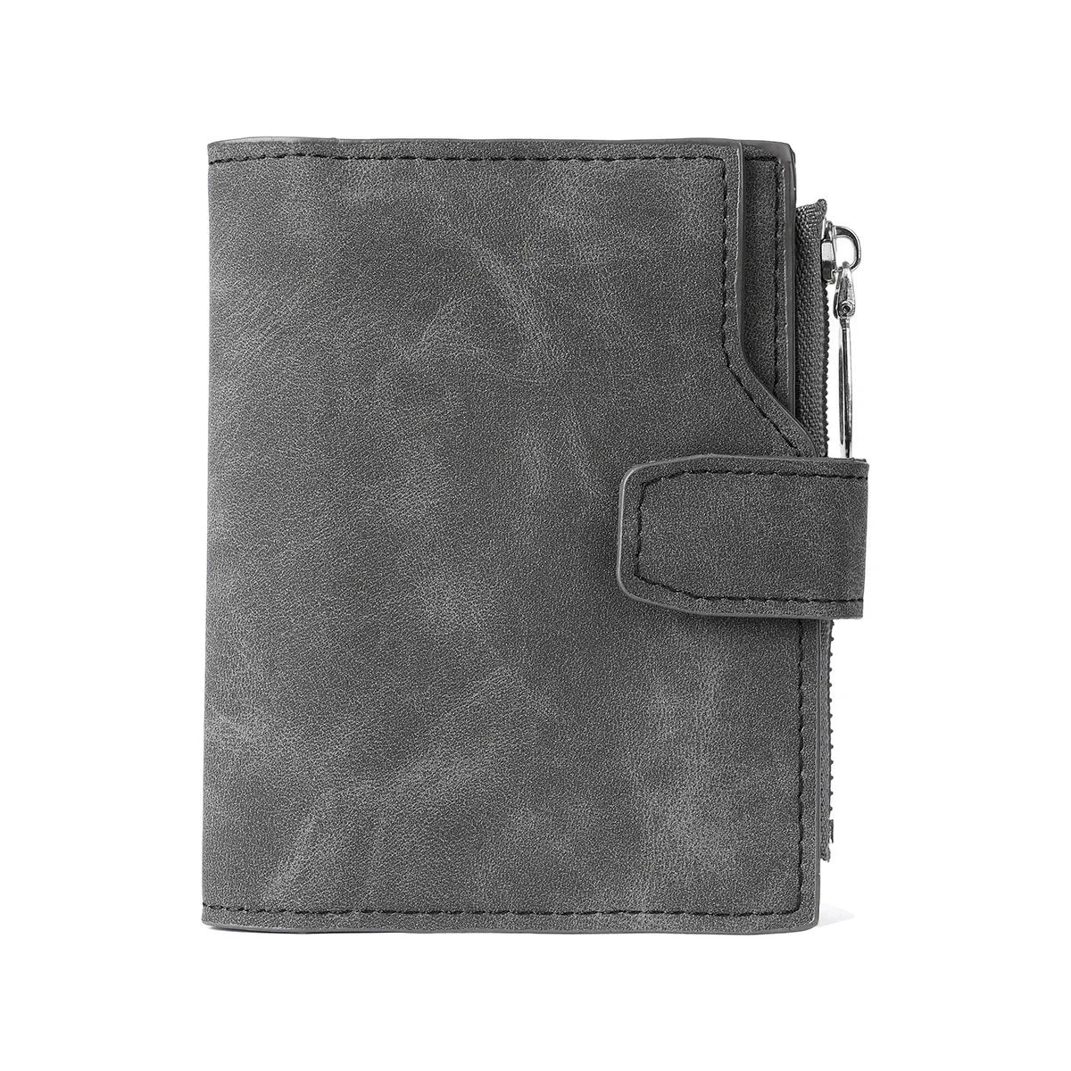 Portefeuille femme compact vintage en cuir PU nubuck avec zip et bouton pression — photo 9